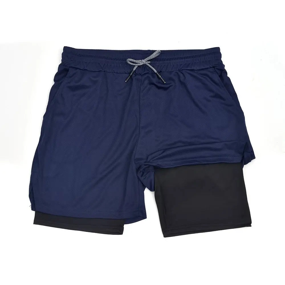 Men's Double Layer Fitness Shorts Men Fitness Gym Training 2 in 1 Sports Shorts Quick Dry Workout Jogging Double Deck Summer