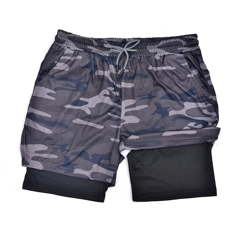 Men's Double Layer Fitness Shorts Men Fitness Gym Training 2 in 1 Sports Shorts Quick Dry Workout Jogging Double Deck Summer