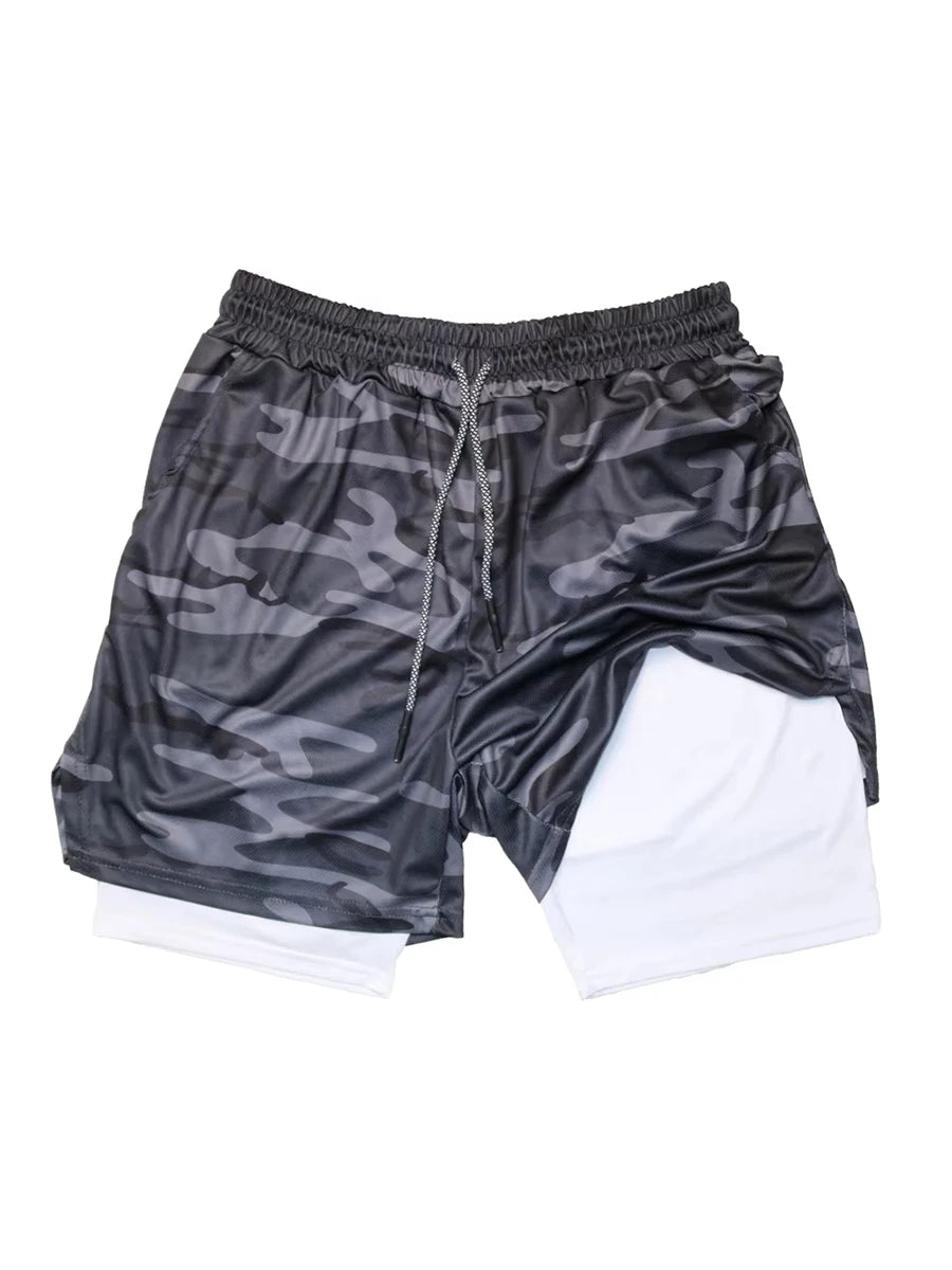 Men's Double Layer Fitness Shorts Men Fitness Gym Training 2 in 1 Sports Shorts Quick Dry Workout Jogging Double Deck Summer