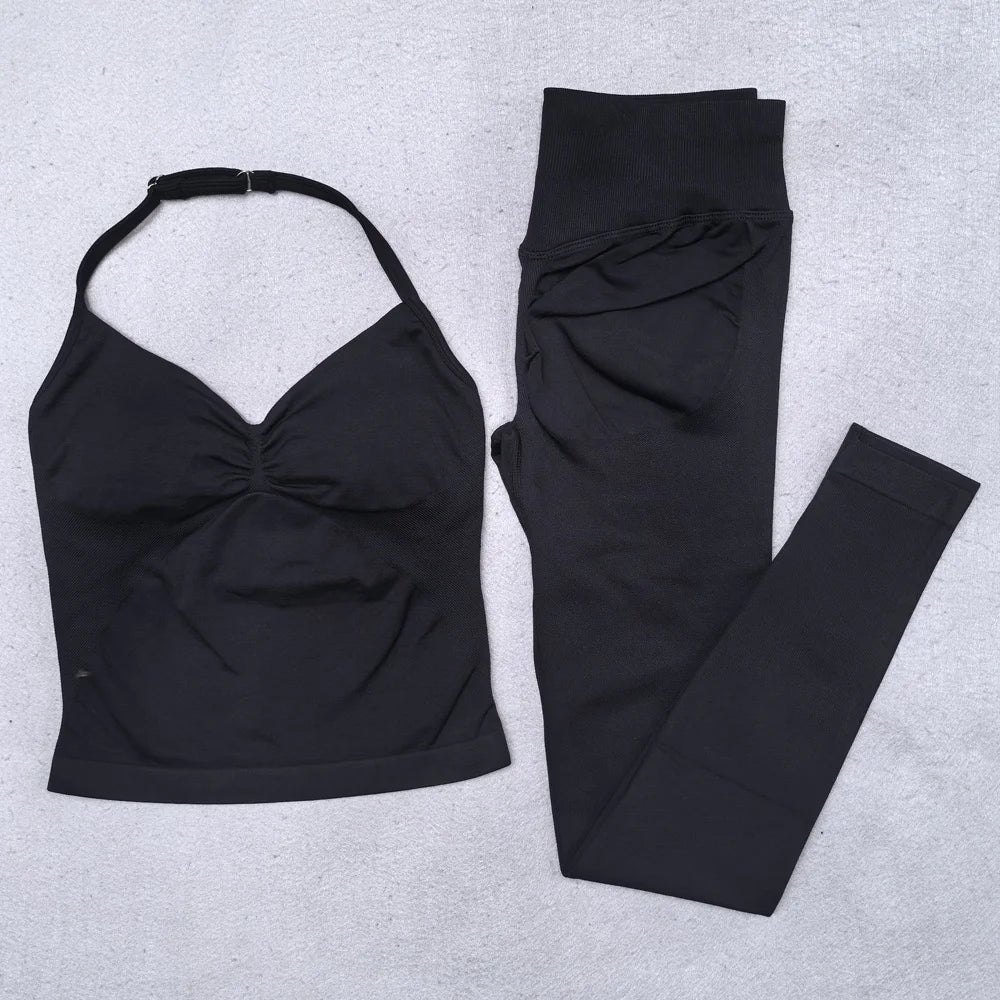 New Seamless Yoga Set Women Gym Clothing Scrunch Bum Legging Padded Tank Top Workout Outfits Fitness Sportswear Suits