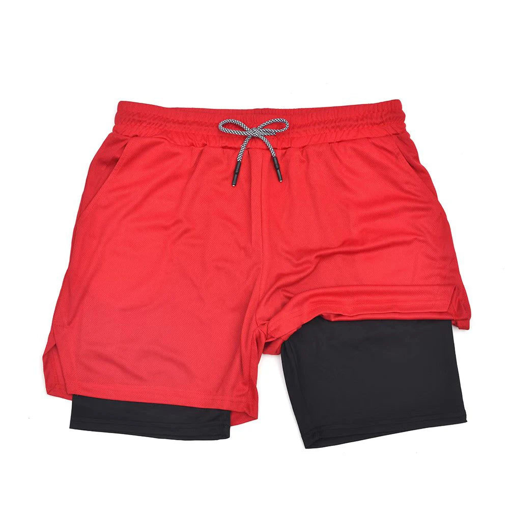 Men's Double Layer Fitness Shorts Men Fitness Gym Training 2 in 1 Sports Shorts Quick Dry Workout Jogging Double Deck Summer