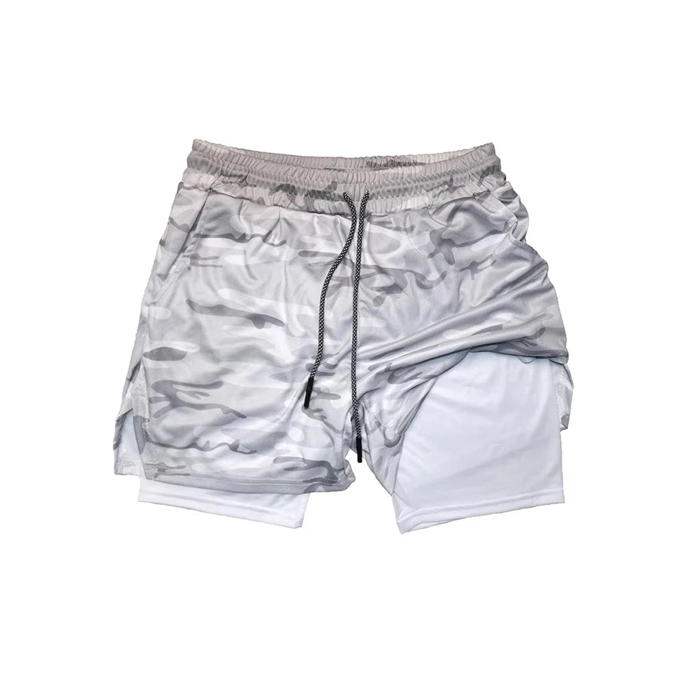Men's Double Layer Fitness Shorts Men Fitness Gym Training 2 in 1 Sports Shorts Quick Dry Workout Jogging Double Deck Summer